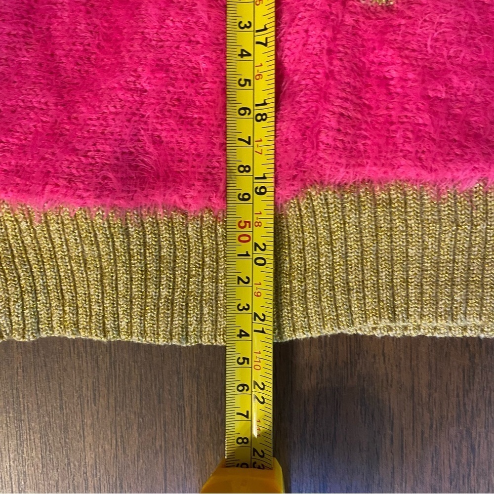 Y2K Women's Juicy Couture Pink & Gold Fuzzy Knit Sweater Size Medium Pocket - Picture 7 of 10